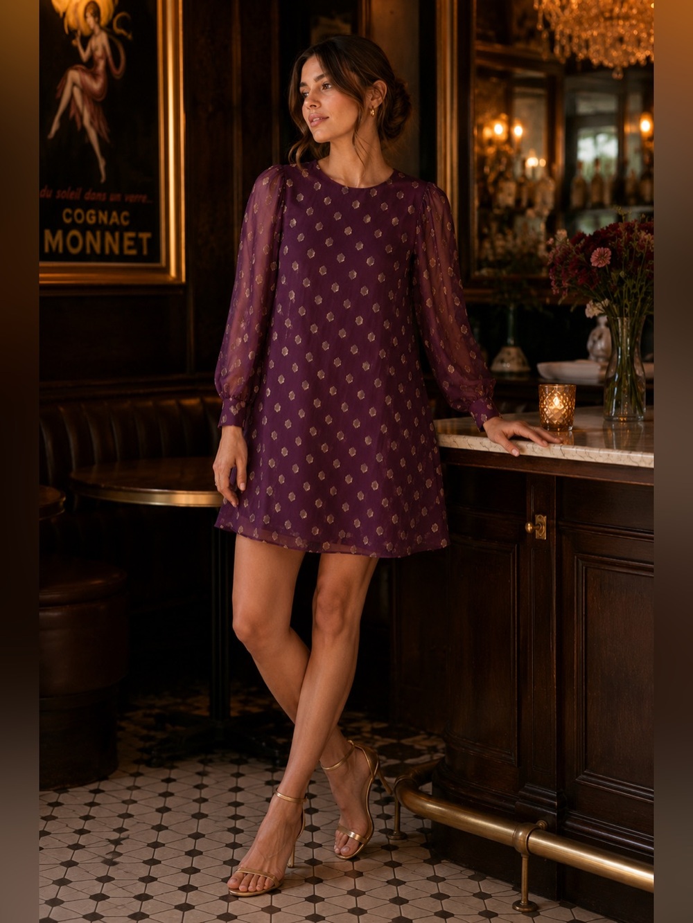 Calvin Klein Tie Cuff Long Sheer Balloon Sleeve Mini Dress Purple Gold Sz 6 NEW